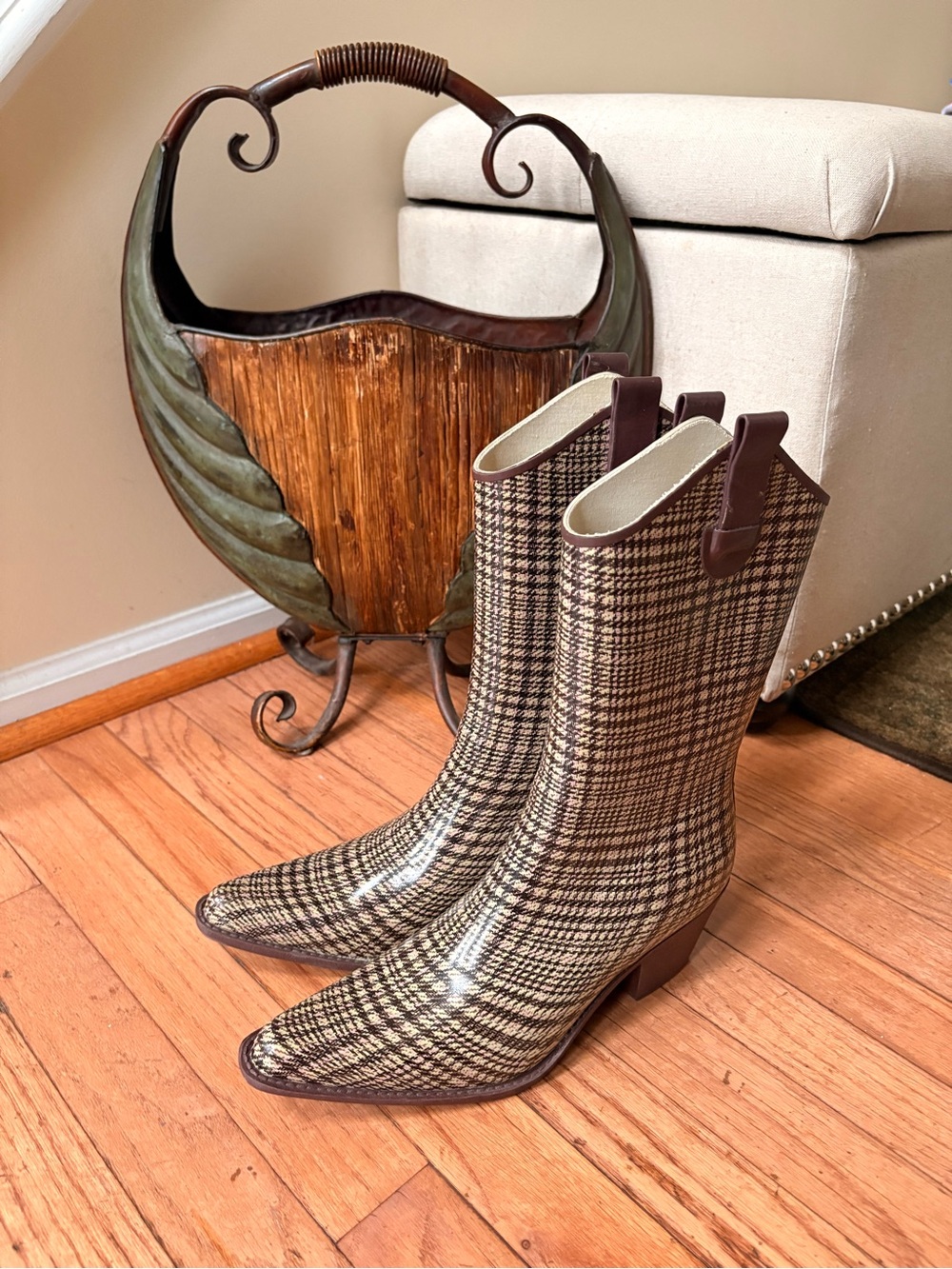 Nature Breeze Brown Western style Brown Plaid Pointed Toe Rain Boots - Women's